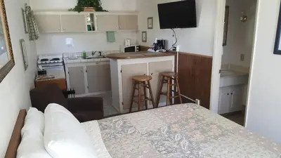 a small room with a bed and a kitchen at Bishop Village Motel in Bishop