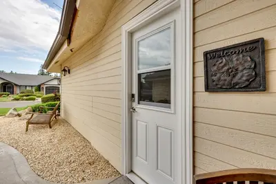 a door to a house with a welcome sign on it at Golf, Hike, Explore Apt 9 Mi to Dtwn Fresno! in Fresno