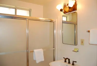 a bathroom with a shower and a sink at Ox Yoke in Wawona
