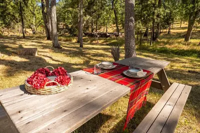 a picnic table with a basket of food on it at WoodUStau in Coarsegold