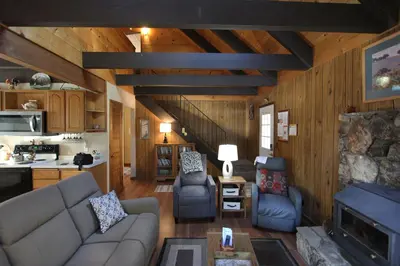 a living room with a couch and chairs in a cabin at HCH0864 - Donner Cabin home in South Lake Tahoe