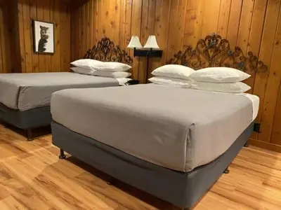 two twin beds in a room with wooden walls at Timberline Lodge - Arnold - Bear Valley - Murphys in Arnold