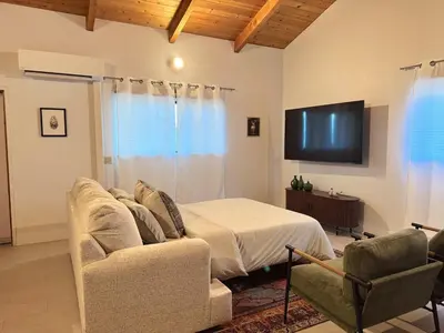a living room with a couch and a tv at NEW LISTING, Near Yosemite South Gate entrance and town, King bed, Hot Tub, BBQ, Firepit & Mountain Views in Oakhurst