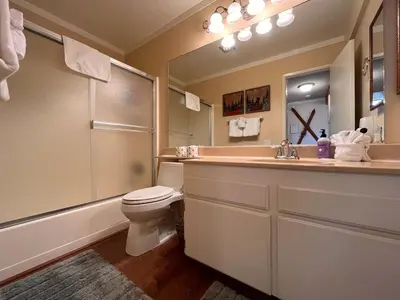 a bathroom with a toilet and a sink and a shower at Cozy Walk-to-Lifts Mammoth Condo with Hot Tub in Mammoth Lakes