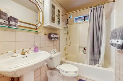 a bathroom with a sink and a toilet and a shower at Dog-Friendly Retreat with Lake Views in Kings Beach in Kings Beach