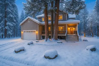 a house with snow on the ground in front of it at The Trailhead Hot Tub, Hikes & Night Skies in Shaver Lake