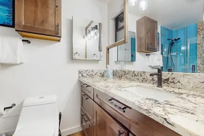 a bathroom with a sink and a counter top at Lakeview Landing in Stateline