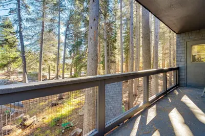 a balcony with a view of the woods at Ski-InandSki-Out Retreat with Sauna in Bear Valley! in Bear Valley