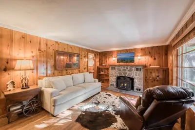 a living room with a couch and a fireplace at Diana's Cabin by Tahoe Getaways - Pet-Friendly 2BR in Kings Beach w Backyard & Walk to Lake! in Tahoe Vista