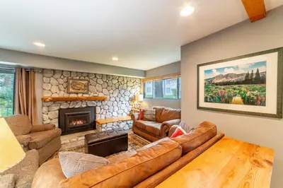 a living room with a couch and a fireplace at Tranquil & Woodsy 2/2 Retreat – Jacuzzi, W/D, BBQ! in Mammoth Lakes