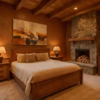 a bedroom with a bed and a stone fireplace at Mammoth Lakes Alpine Stay in Mammoth Lakes