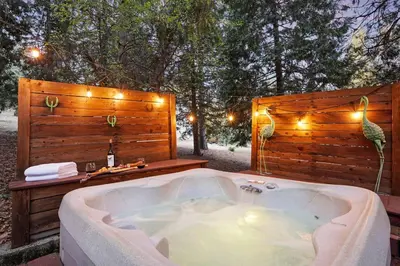 a bath tub with a bird on a wooden fence at 