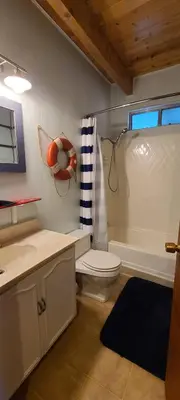 a bathroom with a toilet and a sink and a shower at Lakeview Lodge, bookable boat slip! in Bass Lake