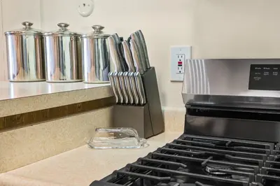 a kitchen counter with a stove and some pans at TKC0693- Keys Dream townhouse in South Lake Tahoe