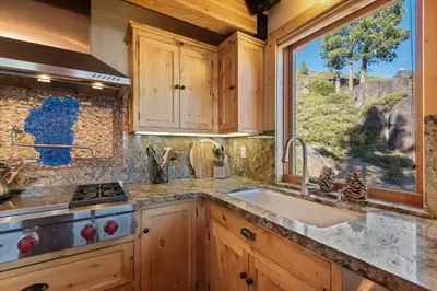 a kitchen with a sink and a window at Bella Casa - North Lake Tahoe in Tahoe City