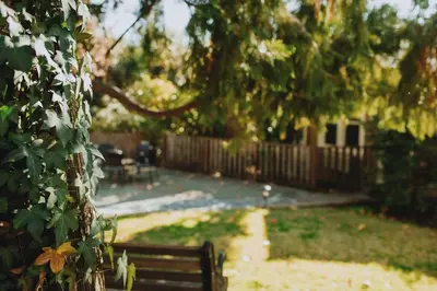 a park bench in a yard with a fence at Yosemite Cottage Retreat- Half Block to Downtown in Mariposa
