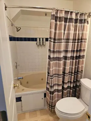 a bathroom with a tub and a toilet and a shower curtain at Heavenly Stagecoach Ski Retreat in Stateline