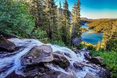 an aerial view of a river in a forest at Mammoth Green - 207 in Mammoth Lakes