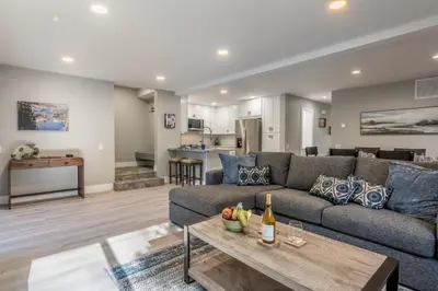 a living room with a couch and a table at Snowcreek IV 559 in Mammoth Lakes