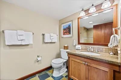 a bathroom with a toilet and a sink and a mirror at Studio Suite 2 Queen Beds Mountain View in Tahoe City