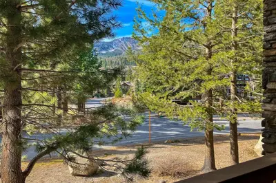 a view from a window of a street with trees at Summit 65 in Mammoth Lakes