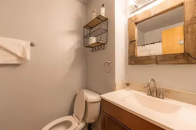 a bathroom with a toilet and a sink and a mirror at The Ale Arths Retreat for 8 in South Lake Tahoe
