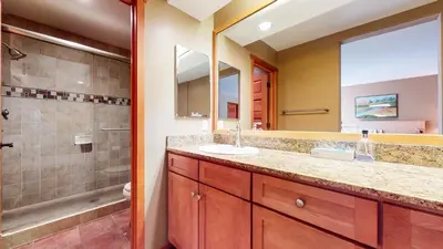 a bathroom with a sink and a shower at Snowcreek V #1002 condo in Mammoth Lakes