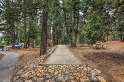 a path in a park with trees and benches at Kings Beach Luxe in Kings Beach