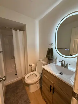 a bathroom with a toilet and a sink and a mirror at New! Modern 4BR max 12 ppl, 5 mins to everything! in Reno
