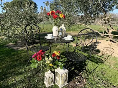 a table and chairs with flowers and vases at Cozy Rustic Cabin on a Working Horse Ranch for a Unique Getaway in Granite Bay, California in Granite Bay