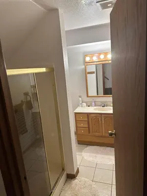 a bathroom with a shower and a sink and a mirror at Gold Country Serenity! 45 Minutes to Powder! in Grass Valley