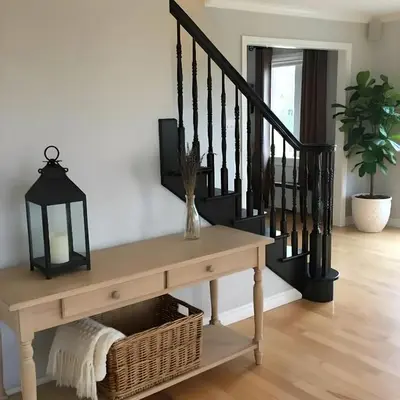 aoyer with a console table and stairs with a lamp at PINECREST MAMMOTH LAKES in Mammoth Lakes