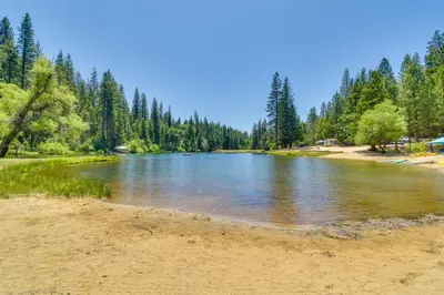 a lake in the middle of a beach with trees at 3 Mi to Calaveras Big Trees Group-Ready Mtn Cabin in Arnold