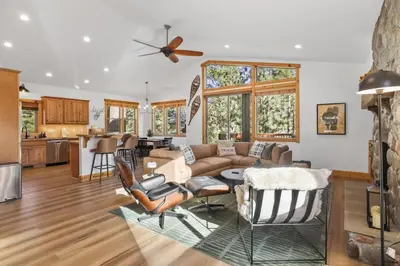 a living room with a couch and chairs at Evergreen Getaway Pet Friendly in SLT w Hot Tub in South Lake Tahoe