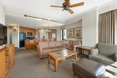 a living room with a couch and a table at Enjoy the Ridge Tahoe Two-Bedroom Lock-Off for a family of 6 in Stateline