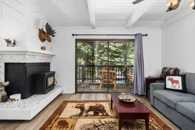a living room with a couch and a fireplace at Wilderness Hideaway-Across from the pool & spa in Shaver Lake