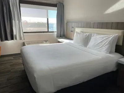 a large white bed in a hotel room with a window at Sisk Hotel in Modesto