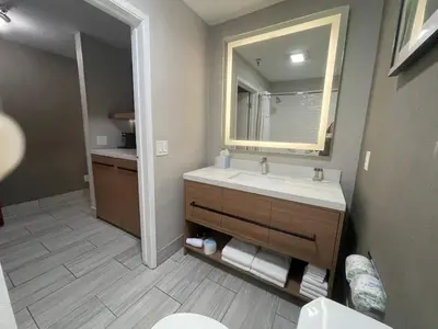a bathroom with a sink and a mirror at Sisk Hotel in Modesto