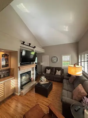 a living room with a couch and a fireplace at Canyon Ridge Retreat in Folsom