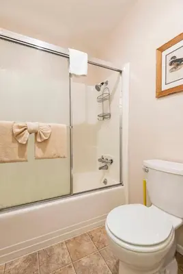 a bathroom with a shower and a toilet at Forest Meadows 8 in Mammoth Lakes