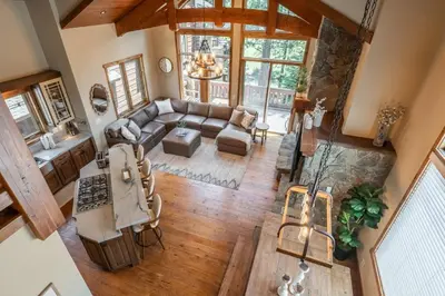 an overhead view of the living room of a house at Stonegate 11 in Mammoth Lakes