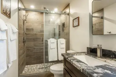 a bathroom with a shower with a toilet and a sink at Chateau De Montagne 4 in Mammoth Lakes
