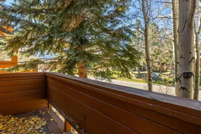 a wooden fence with a tree behind it at Snowflower 21 in Mammoth Lakes