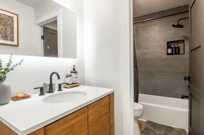 a bathroom with a sink and a shower at Snowcreek 25 in Mammoth Lakes