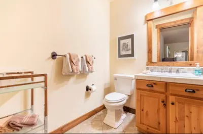a bathroom with a toilet and a sink and a mirror at Lodges 1129 in Mammoth Lakes