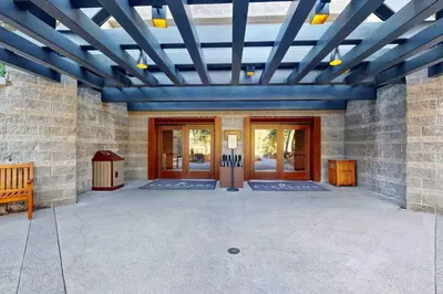 a large patio with a blue ceiling at Everline Resort & Spa 536 in Olympic Valley