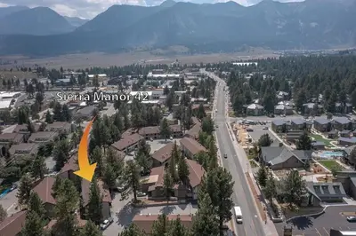 an aerial view of a small town with a road at Stylish Mammoth 1BR & Loft With Fireplace in Mammoth Lakes