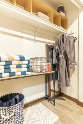 a walk in closet with shelves and towels at Hidden Valley 33 in Mammoth Lakes
