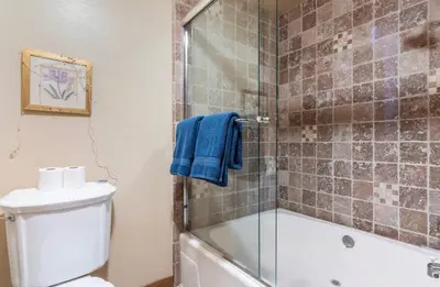 a bathroom with a tub and a toilet and a shower at Alpine Glow Escape Big Windows & Views! in Mammoth Lakes