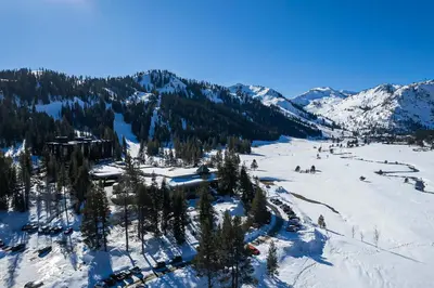 an aerial view of a ski resort in the snow at Sweeping Views and Access to Slopes Everline Condo in Olympic Valley